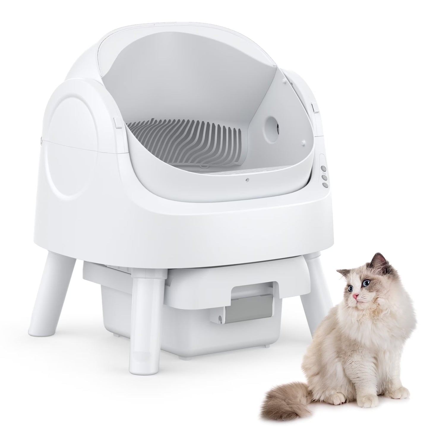 Revolutionary Self-Cleaning Cat Litter Box with Safety Features, Litter Mat & Trash Bags - Modern White Design