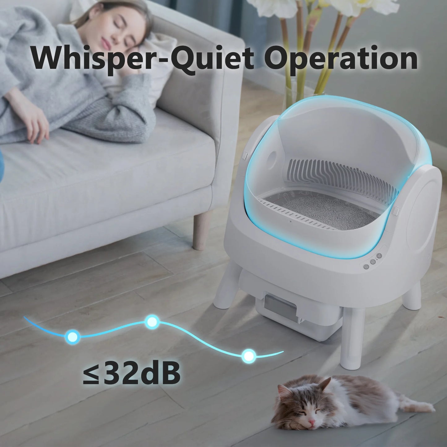 Revolutionary Self-Cleaning Cat Litter Box with Safety Features, Litter Mat & Trash Bags - Modern White Design